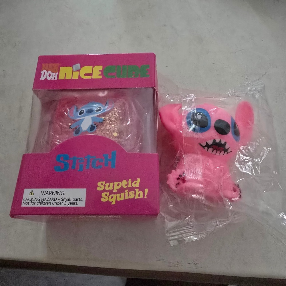Disney Stitch NeeDoh Nice Cube Pink Glitter Squishy & Bonus Stitch Toy Set